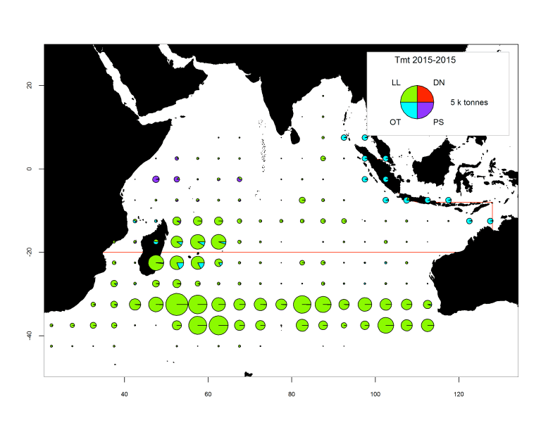 Albacore_2015: Time-area catches (total combined in tonnes) of albacore estimated for the period 2014 and type of gear.
