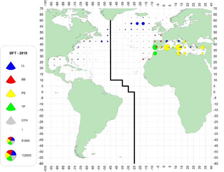 Distribution of bluefin tuna catches in the Eastern and Western Atlantic in 2010-2019.