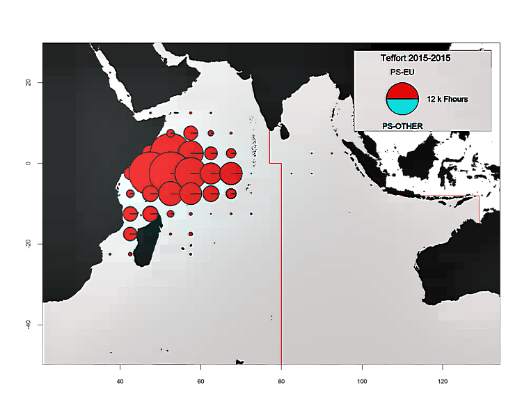 Number of hours of fishing (Fhours) from purse seine vessels by 5 degree square grid and main fleets, for the