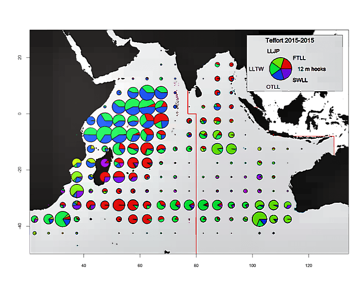 Number of hooks set (millions) from longline vessels by five degree square grid and main fleets, for