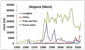 Catches of skipjack tuna in the Western AO from 1950 to 2023, by gear type.