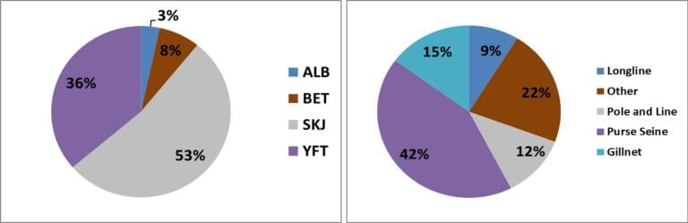 Average 2019-2023 catches of skipjack, yellowfin, bigeye and albacore in the IO. The graph on the left shows the percentages by species, and the graph on the right shows the percentages by gear type.