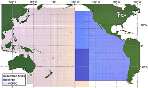 Pacific Ocean zoning (WCPFC on the right, EPO on the left)