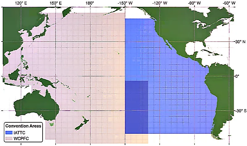 Pacific Ocean zoning (WCPFC on the right, EPO on the left)