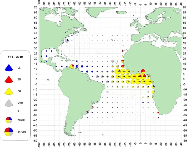 Distribution of catches of yellowfin tuna in the Atlantic in 2010-2019 by type of fishery.