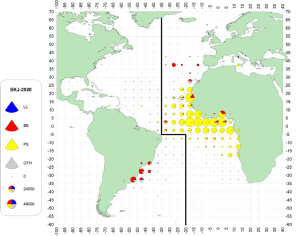 The catch of striped tuna (skipjack) in the Eastern Atlantic and Western Atlantic from 2010 to 2019, by fishing gear.