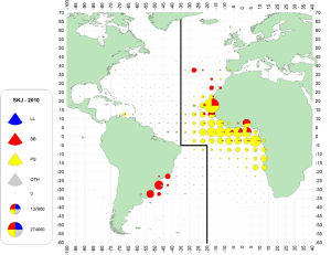 The catch of striped tuna (skipjack) in the Eastern Atlantic and Western Atlantic from 2020 to 2023 by fishing gear.