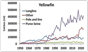 Catches of yellowfin tuna in the WCPO from 1950 to 2023, by gear type