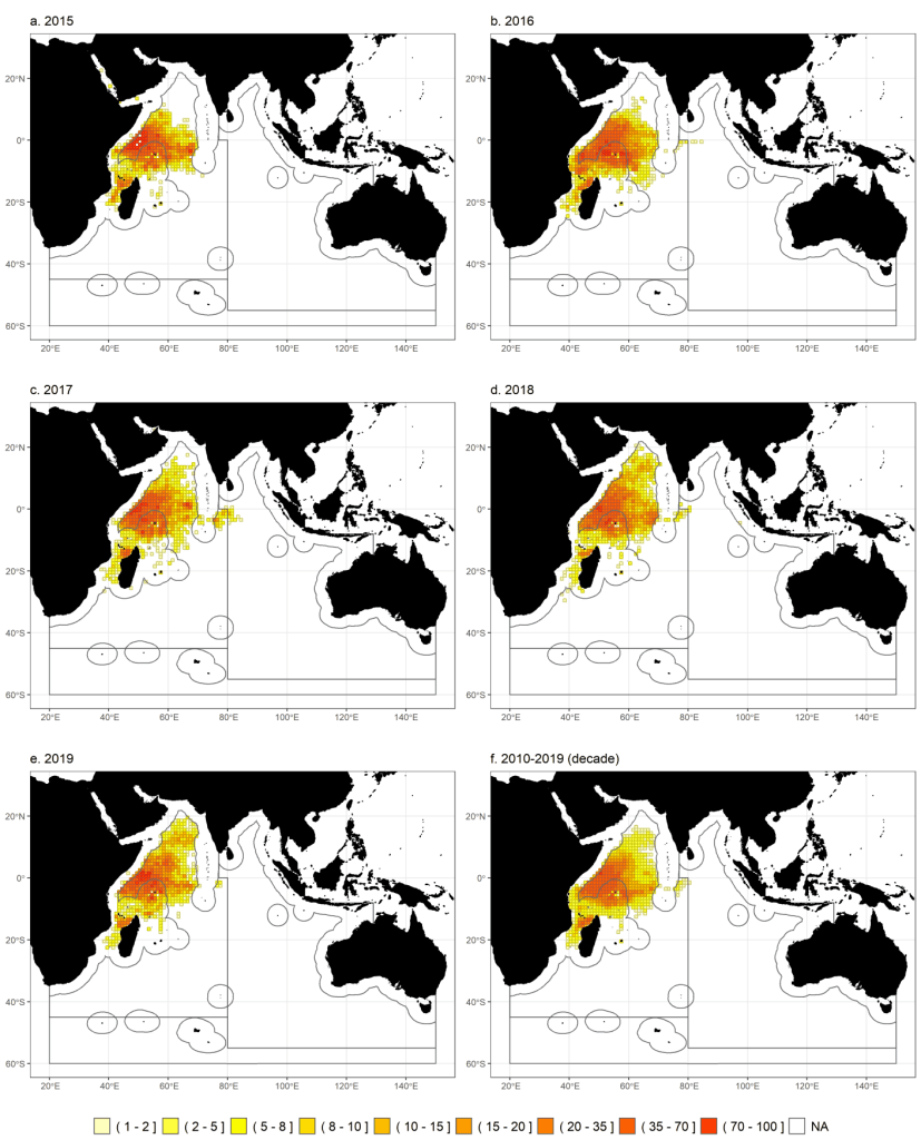 Average annual effort exerted by the industrial purse seine fleets of the European Union and assimilated flags (EU) in fishing days / year, by year / decade and 1x1 grid. Data source: latest time-area effort dataset for purse-seine fisheries