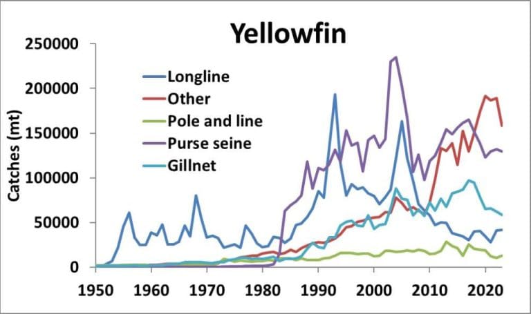 Catches of yellowfin tuna in the IO from 1950 to 2023, by gear type