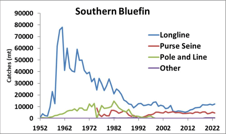 Catches of southern bluefin tuna from 1952 to 2023, by gear type