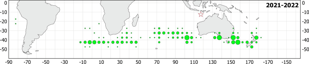 Geographical distribution of average annual reported southern bluefin tuna catches (t) by CCSB