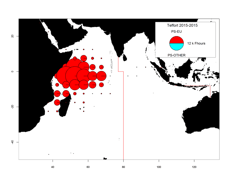 Number of hours of fishing (Fhours) from purse seine vessels by 5 degree square grid and main fleets, for the years 2015 (left) and 2016 (right).