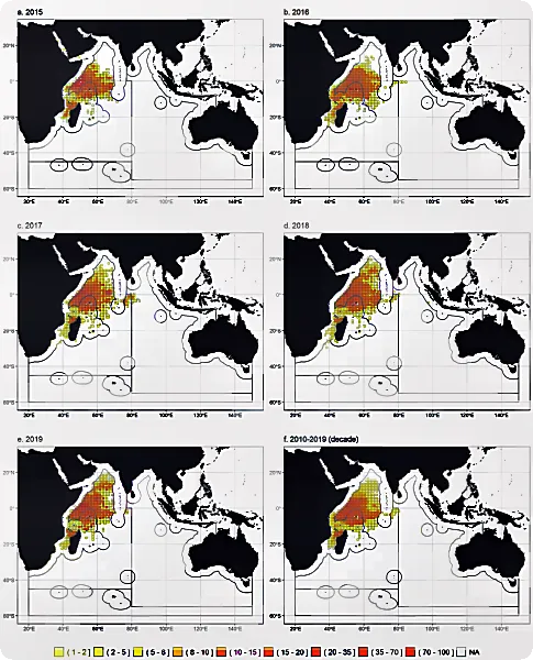 Average annual effort exerted by the industrial purse seine fleets of the European Union and assimilated flags (EU) in fishing days / year, by year / decade and 1x1 grid. Data source: latest time-area effort dataset for purse-seine fisheries