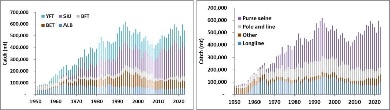 Trends in catch (mt) of bigeye, skipjack, yellowfin, albacore and bluefin in the AO region