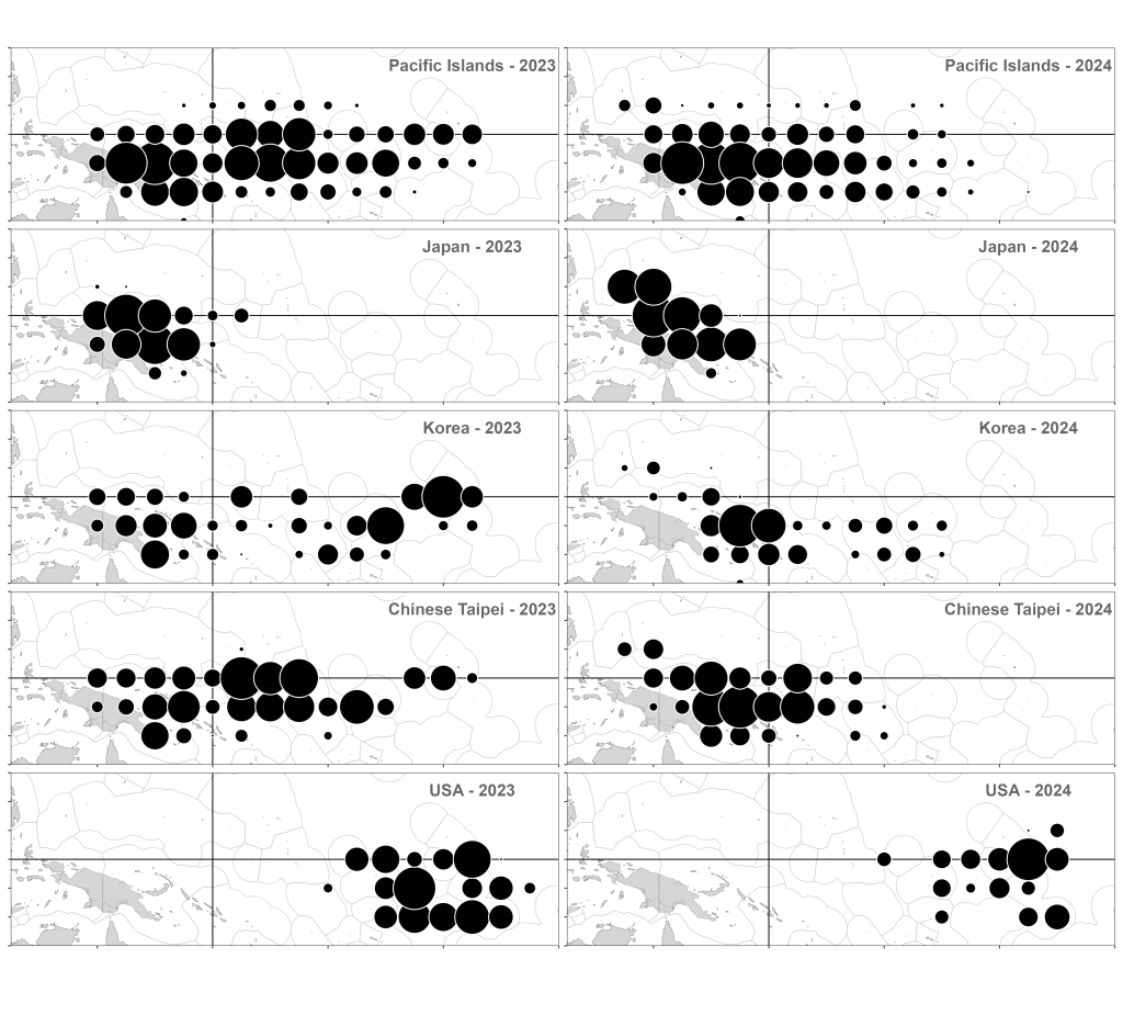 Distribution of purse seine effort by the Pacific Islands, Japanese, purse seine fleets during 2023 (left) and 2024 right); lines for the equator (0◦ latitude) and 160 E longitude included.